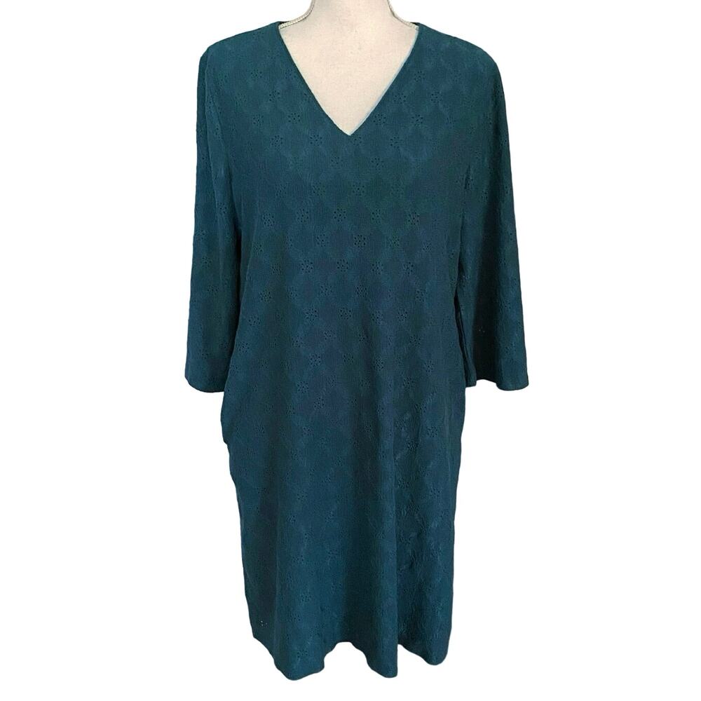Chicos Size 1 M Eyelet Lace Wide Sleeve Shift Dress Dragonfly Blue Teal Pockets
